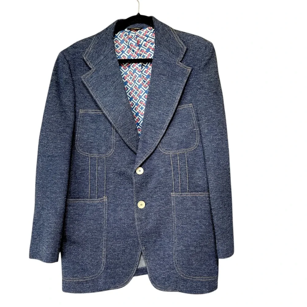 Vintage 60s 70s Western Sport Jacket Men's M Blue Polyester Denim Blazer